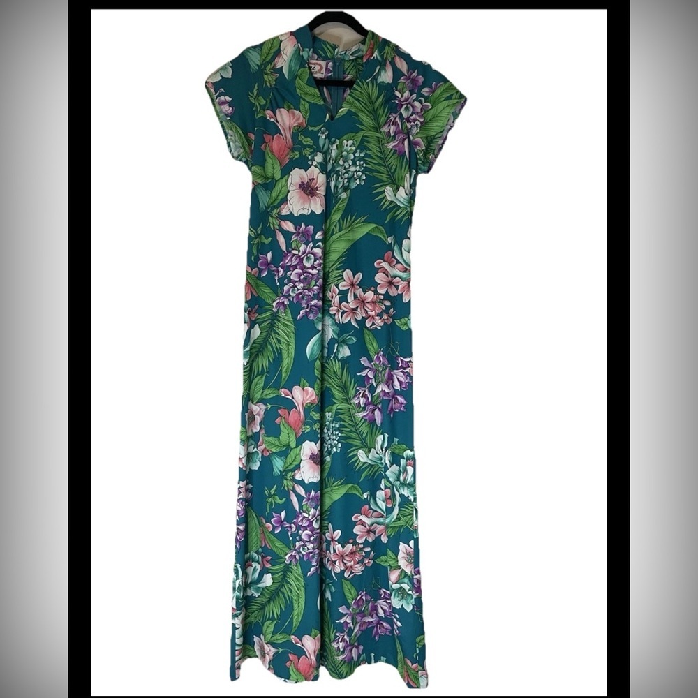 VTG Nani Of Hawaii Liberty House Floral Maxi Dress Green Blue Pink Size Medium